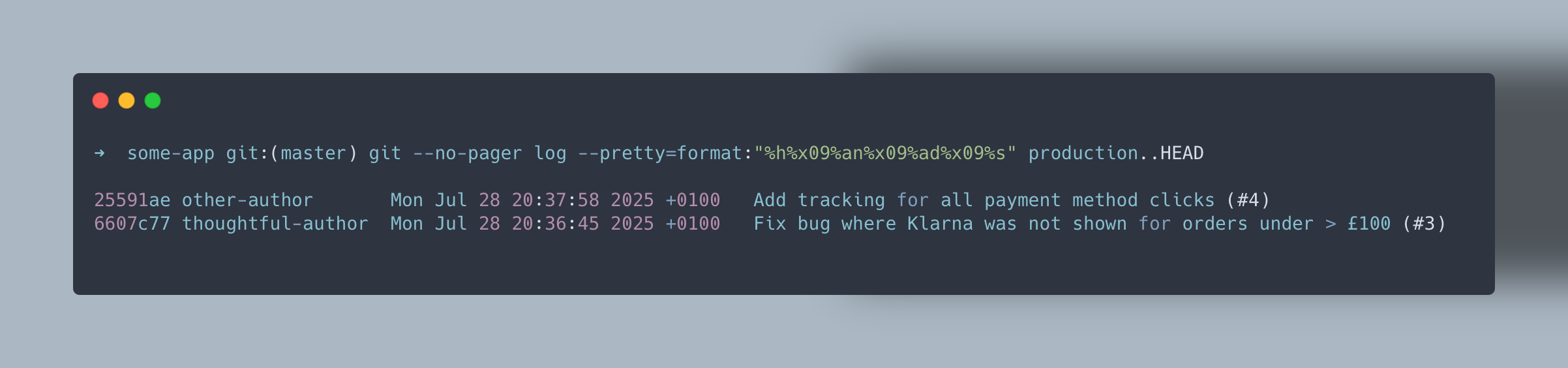 A succint changelog showing just two changes when comparing production vs HEAD git log